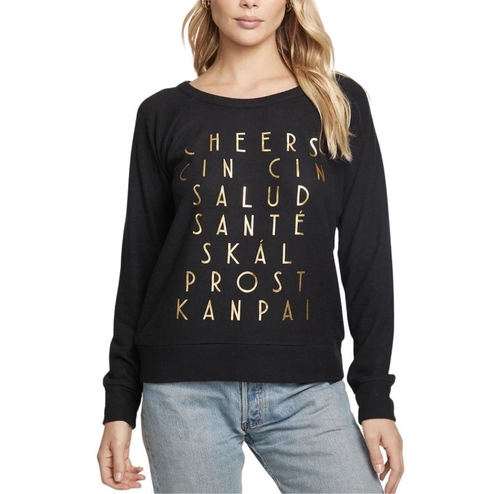 NWT Chaser Cheers Toast Black & Gold Long Sleeve Light Sweatshirt Sz. XS
